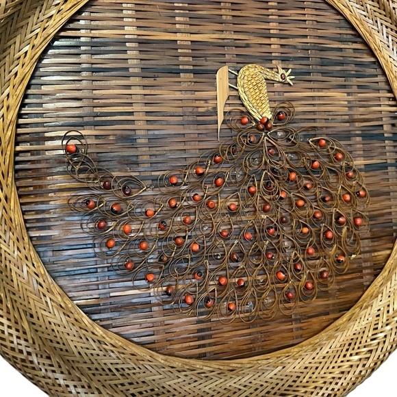 SET OF TWO Vintage 1970s Wicker Peacock Wall Hanging Boho Rattan Woven Art - Picture 5 of 13